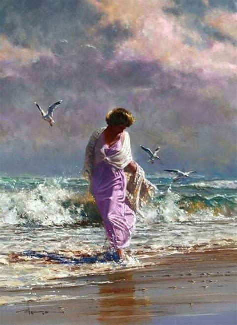 A Painting Of A Woman Walking On The Beach With Seagulls In The Background