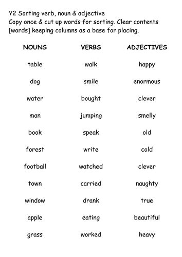 Verbs, on the other hand, are the action words in a sentence. Words sort- noun verb, & adjective | Teaching Resources