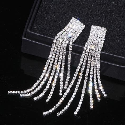 Silver Rhinestone Crystal Long Tassel Earrings Bridal Drop Dangling Ea