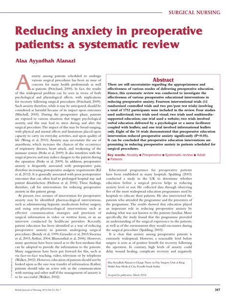 Pdf Reducing Anxiety In Preoperative Patients A Systematic Review