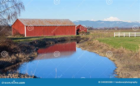 Rural Scene With Red Barn And Mount Baker In The Skagit Valley