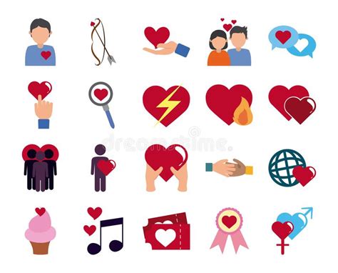 Love Heart Romantic Passion Feeling Message Flat Style Icons Set Stock