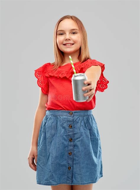 smiling preteen girl drinking soda from can stock image image of cute beverage 144498415