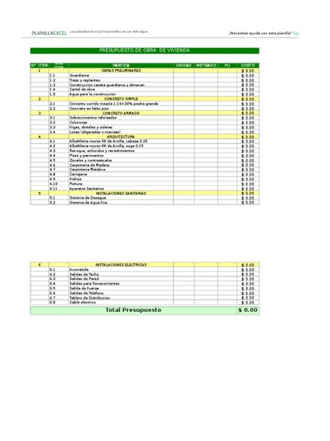 Presupuesto Obra Vivienda Plantilla Excel