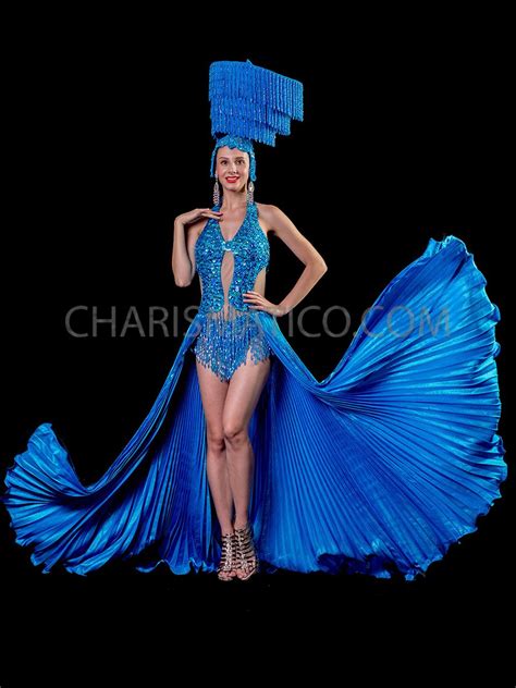 Blue Burlesque Sequin Leotard With Large Fan Wing Skirt And Tassel