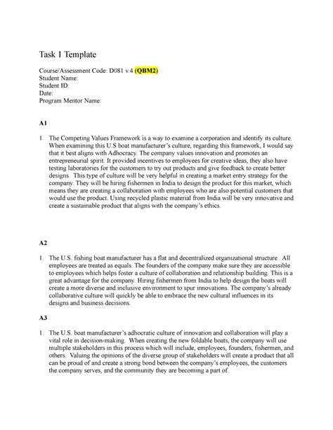 C714 Nnm2 D081 Qbm2 Task 1 Template Task 1 Template Courseassessment