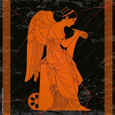 Ancient Greek Goddess Nemesis With Wings Sits Holds A Papyrus And