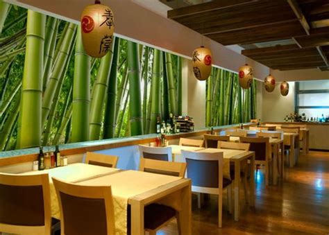 Small Restaurant Interior Design Ideas With Bamboo Wall Murals 600×