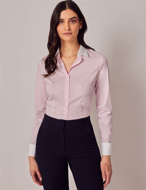 Womens Light Pink Fitted Luxury Cotton Nylon Shirt With White Collar