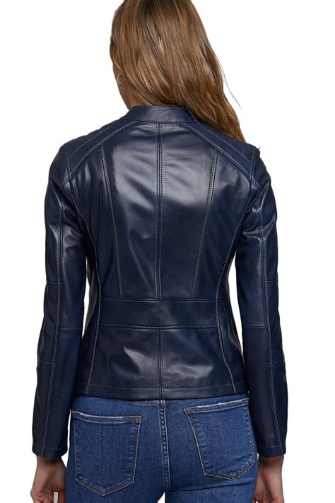 Womens 100 Real Navy Blue Leather Biker Style Jacket