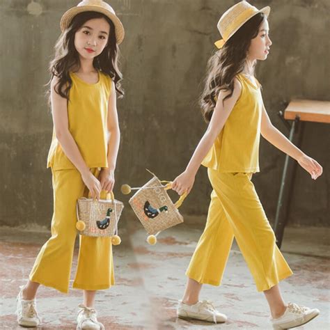 2018 Summer Solid Yellow Toddler Teenage Girls Clothing Sets Sleeveless