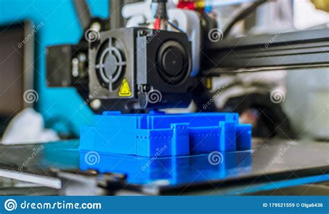 The 3d Printer Prints Blue Plastic Model Stock Image Image Of