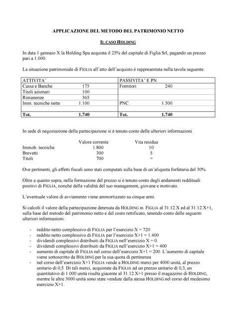 Testo Esercizio Caso Holding Metodo Patrimonio Netto Ragioneria