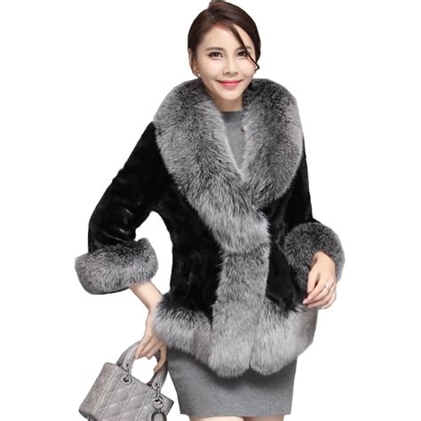 Lady Real Piece Mink Fur Jacket Coat Fox Fur Collar Cuff Autumn Winter