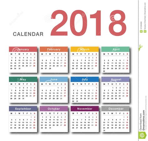 Colorful Year 2018 Calendar Horizontal Vector Design Template Simple