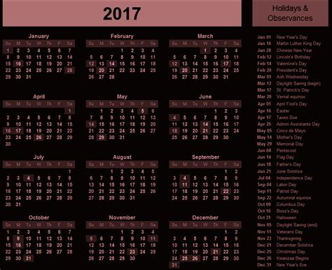 Free Printable Calendar 2018 Usa 2017 Calendar With Holidays