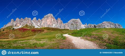 Panoramic View Of Magical Dolomite Peaks Of Pizes Da Cir Passo Gardena