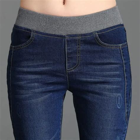 Women Jeans Denim 2017 With High Waist Elastic Waist Blue Stretch Plus