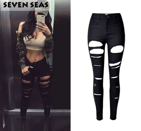 Buy New Fashion Sexy Black Ripped Jeans Women Plus Size High Waisted Jeans With