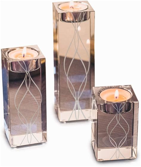 Ovluxe Large Crystal Candle Holders Set Of 3 Engraved Square Glass Pillar Tealight Candle Holder
