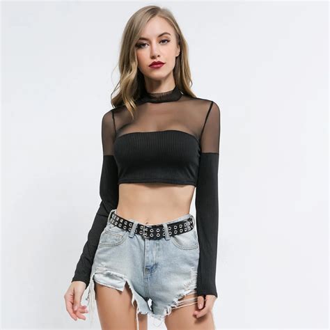Mesh Stitching Wrap Chest Belly Shirt See Through Sexy Women Open Back