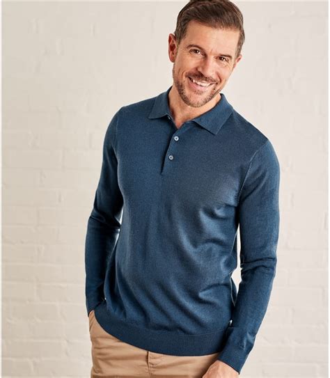 Deep Sea Blue Mens New Merino Long Sleeve Polo Shirt Woolovers Uk