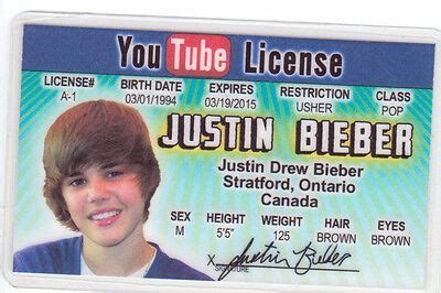 Justin Bieber Plastic ID Card Drivers License EBay