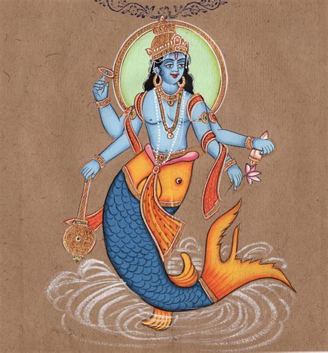 Vishnu Matsya Painting Handmade Hindu God Fish Incarnation Avatar Wate