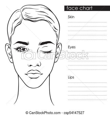 One line art meets watercolor. Beautiful woman with short haircut face chart template ...