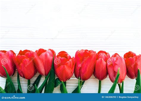 Beautiful Red Tulips On White Wooden Background Flat Lay Happy Mothers