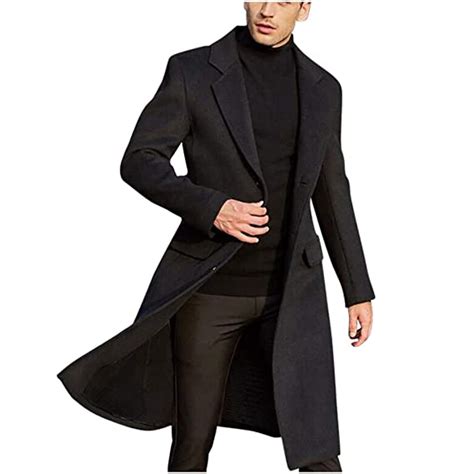 Toodii Mens British Style Solid Color Long Coat Warm Woolen Overcoat