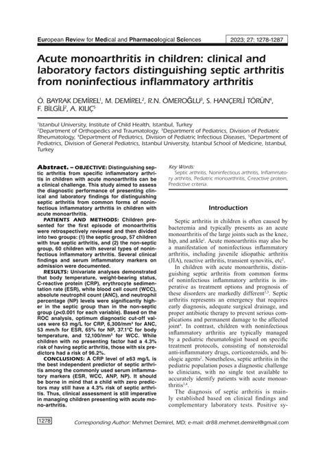 Pdf Acute Monoarthritis In Children Clinical And Laboratory Factors