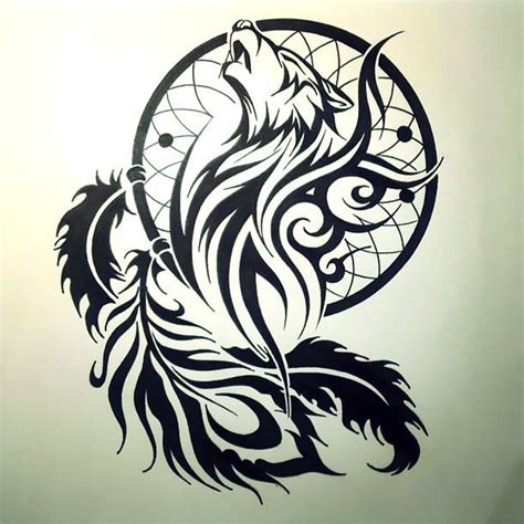 a really beautiful tattoo of a wolf in a dreamcatcher the piece is made in tribal style style