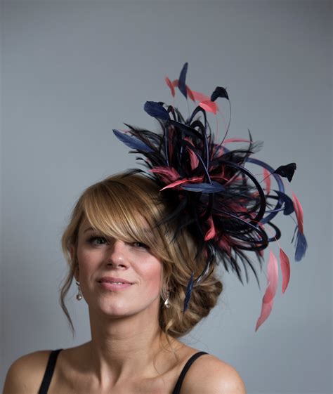 navy blue and coral pink satin feather medium fascinator hat martha maighread stuart millinery