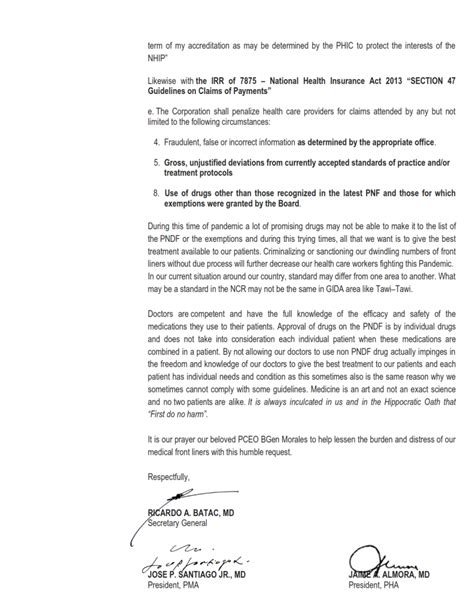 Pma Letter To Philhealth Perfomance Commitment To Health Care