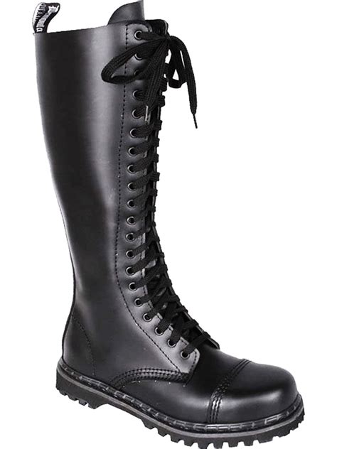 Summitfashions Mens Gothic Boots Lace Up Knee High Boot Black Leather Steel Toe Mens Sizing