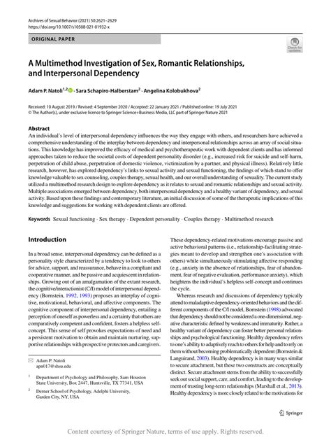 A Multimethod Investigation Of Sex Romantic Relationships And Interpersonal Dependency