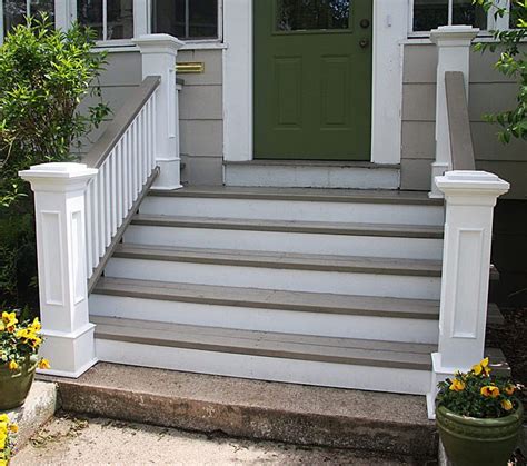 This procedure will be for steps coming off a wooden deck between posts. Front Steps, Railings and Newel Posts | Exterior stairs, Front door steps, Front porch steps