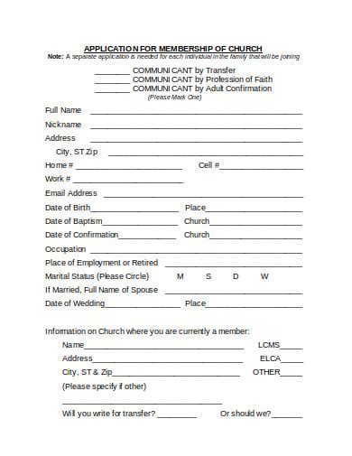 Free 6 Church Membership Application Form Templates In Pdf Ms Word