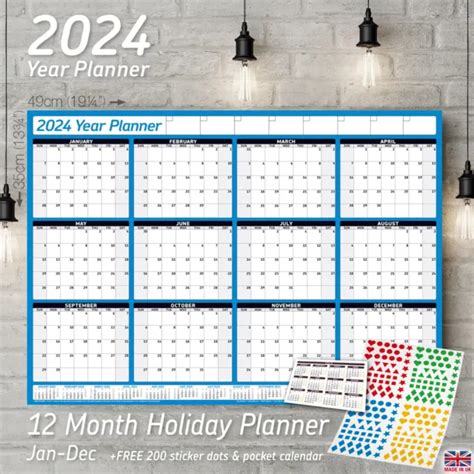 2024 Yearly Planner Annual Wall Chart Blue Free Sticker Dots And Pocket