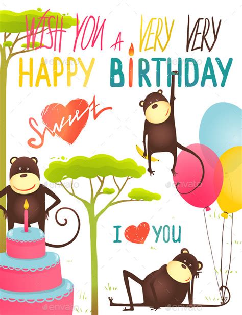 Monkey Fun Happy Birthday Card With Lettering By Popmarleo Graphicriver