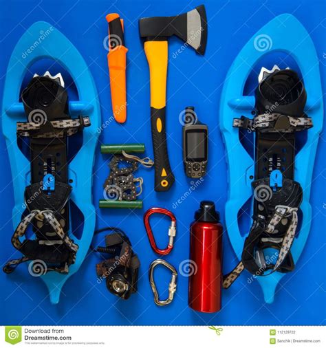 Kit Of Gear For Survival In Wilderness During Winter Stock Photo