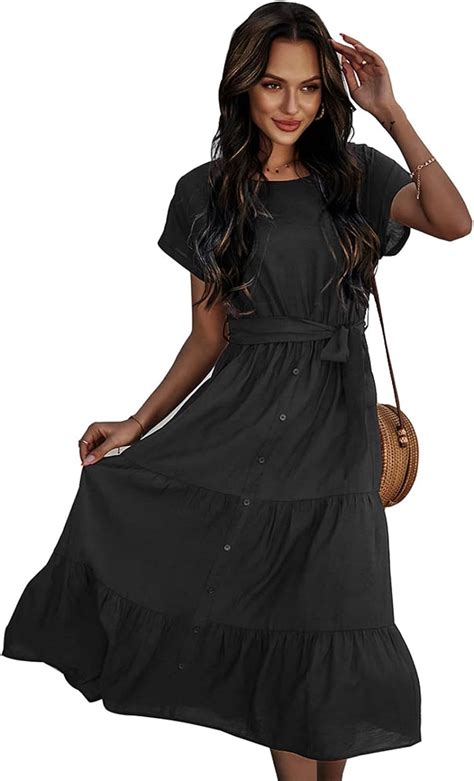 Women Casual Dress Summer Short Sleeve Solid Maxi Dress Ladies Elegant