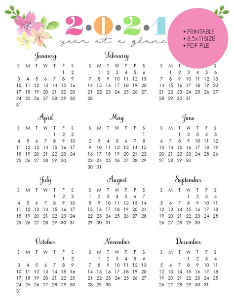 Year At A Glance Calendar 2021 Printable Template Business Format