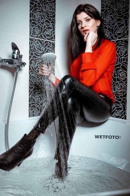 Wetlook By Hot Brunette Girl In Fully Wet Sexy Leggings And High Heels In Shower Wetfoto Com