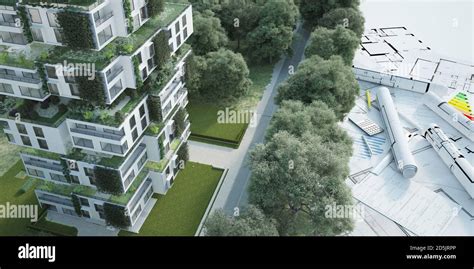 3d Rendering Of A Sustainable Modern Apartment Building With Blueprints