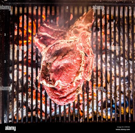 Grilling Big T Bone Steak On Natural Charcoal Barbecue Grill Preparing A Big Steak On Natural