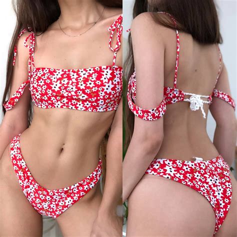 Buy Bikini 2018 Summer Women Padded Bra Beach Bikini Swimsuit Sexy Red Flower