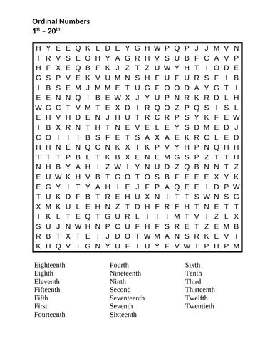 Ordinal Numbers In English Wordsearch Teaching Resources