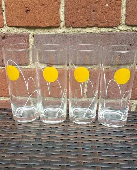 Vintage Clear Drinking Glasses With Yellow Polkadot Set Of Four Vintage Narrow 8 Ounce Glasses